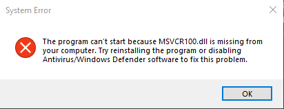 Symptoms of msvcr100.dll file