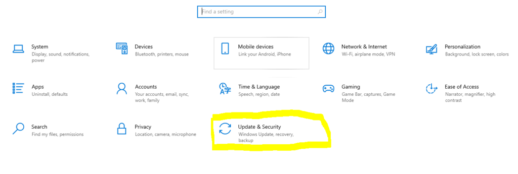 Click on Update and Security to Update windows which might solve api-ms-win-crt-runtime-l1-1-0.dll missing