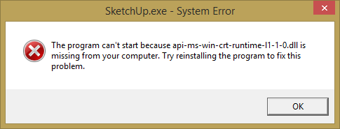 "The program can’t start because api-ms-win-crt-runtime-l1-1-0.dll is missing from your computer. Try reinstalling the program to fix this problem."